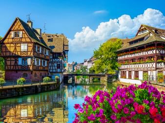 Traditionelle Fachwerkhäuser entlang eines Kanals in Petite France, Straßburg, mit bunten Blumen im Vordergrund und blauem Himmel.