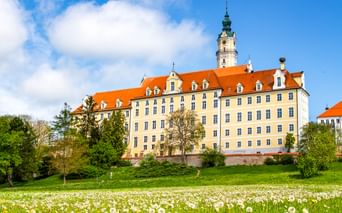 Benediktinerabtei in Donauwörth mit gelber Fassade und orangefarbenem Dach, umgeben von grüner Wiese mit gelben Löwenzahn und weißen Blumen.