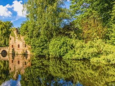 Steinbrücke mit Bögen spiegelt sich im ruhigen Wasser im Park Schöntal, Aschaffenburg. Üppige grüne Bäume rahmen die Szene unter blauem Himmel.