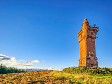 Roter Sandsteinturm des Airlie Monument auf einem grasbewachsenen Hügel bei Kirriemuir, beleuchtet von goldenem Sonnenlicht vor blauem Himmel.