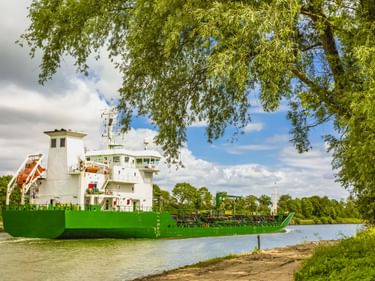 Grünes Frachtschiff mit weißem Aufbau fährt auf dem Nord-Ostsee-Kanal. Baumzweige rahmen die Ansicht, mit einem sandigen Weg am Kanalufer.