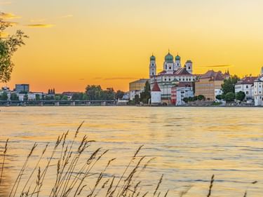 Blick auf Passaus historische Skyline mit Domtürmen über die Donau bei Sonnenuntergang. Goldener Himmel spiegelt sich im Wasser mit Schilf im Vordergrund.