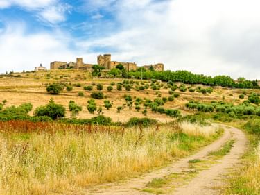 Mittelalterliche Burganlage auf einem Hügel in Oropesa mit Steinmauern und Türmen. Ein Feldweg führt durch goldene Felder zum terrassierten Hang.