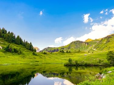 Lac de Joux in der Schweiz mit ruhigem Wasser, das grüne Hügel, Wälder und blauen Himmel mit weißen Wolken in der Jura-Region spiegelt.