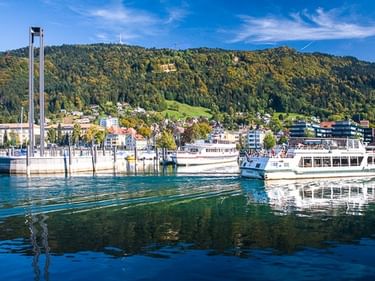 Hafen am Bodensee mit weißen Passagierschiffen am Pier. Bewaldete Hügel und Gebäude im Hintergrund unter blauem Himmel.