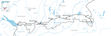 Karte mit Radroute vom Bodensee nach Berchtesgaden durch Bayern, vorbei an Lindau, Murnau, Schwangau, Füssen, Bad Tölz, Schliersee.