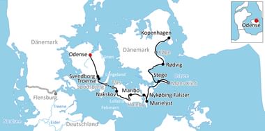 Karte mit Radroute durch Dänemark von Odense über Kopenhagen, Køge, Rødvig, Stege, Nyköbing Falster, Marielyst nach Maribo und zurück über Nakskov.
