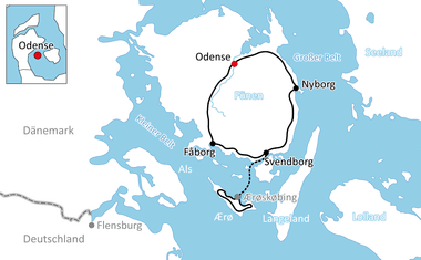 Karte mit Radweg um die Insel Fünen in Dänemark. Schwarze Linie markiert Route durch Odense, Nyborg, Svendborg und Fåborg.