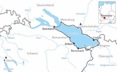 Karte mit Radroute um den Bodensee durch Deutschland, Schweiz und Österreich, die Konstanz, Meersburg, Friedrichshafen, Lindau, Bregenz, Rorschach und Arbon verbindet.