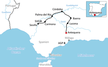 Karte mit Radroute von Antequera über Lucena, Baena, Córdoba, Palma del Río, Carmona nach Sevilla in Andalusien, Südspanien.
