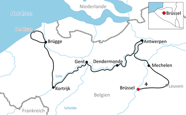 Karte mit Radroute durch Belgien und die Niederlande, die Brüssel, Leuven, Mechelen, Antwerpen, Dendermonde, Gent, Kortrijk, Brügge und De Haan verbindet.