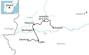 Karte mit Radroute durch Extremadura, Spanien, die Jarandilla de la Vera, Oropesa, Plasencia, Monfragüe und Trujillo bei Cáceres verbindet.