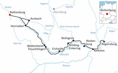 Karte mit Radweg von Rothenburg über Ansbach, Herrieden, Treuchtlingen, Eichstätt und Kelheim nach Regensburg in Bayern.