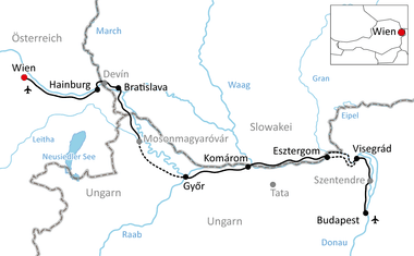 Karte mit Radweg von Wien nach Budapest über Hainburg, Bratislava, Győr, Komárom, Esztergom und Visegrád entlang der Donau.