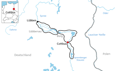 Karte mit Radweg von Lübben nach Cottbus über Burg. Schwarze Route verläuft entlang der Spree und am Spremberger Stausee.
