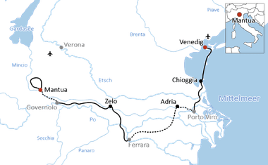 Karte mit Radroute von Mantua nach Venedig über Governolo, Zelo, Ferrara, Adria und Chioggia. Nebenkarte zeigt Lage in Norditalien.