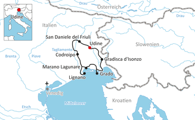 Karte mit Radroute durch die Region Friaul in Nordostitalien, die Udine, San Daniele del Friuli, Codroipo, Gradisca d'Isonzo, Grado und Lignano verbindet.