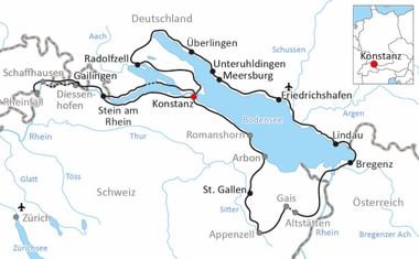 Karte mit Radroute rund um den Bodensee durch Deutschland, Schweiz und Österreich mit Städten wie Konstanz, Meersburg, Bregenz und Stein am Rhein.