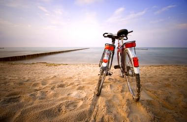 Fahrrad mit roten Taschen steht am Sandstrand in Heringsdorf. Hölzerne Seebrücke erstreckt sich in die ruhige Ostsee unter blauem Himmel.
