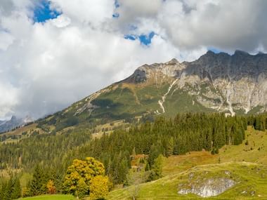 Hochkönig-Gipfel im Salzburger Land mit felsigem Gipfel, grünen Almwiesen, dichten Nadelwäldern und dramatischen Wolken.