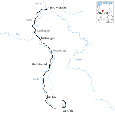 Karte mit Radroute von Gersfeld über Fulda, Bad Hersfeld, Rotenburg, Melsungen bis Hann. Münden entlang Fulda und Weser.