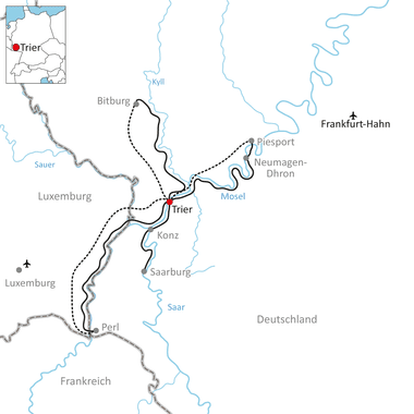 Karte mit Radweg entlang der Mosel von Perl über Trier nach Bitburg, mit den Flüssen Saar, Mosel und Kyll in Deutschland und Luxemburg.