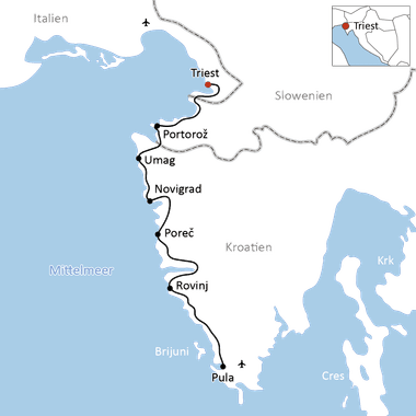 Karte mit Radroute entlang der istrischen Küste von Triest über Portorož, Umag, Novigrad, Poreč und Rovinj nach Pula an der Grenze zu Italien und Slowenien.