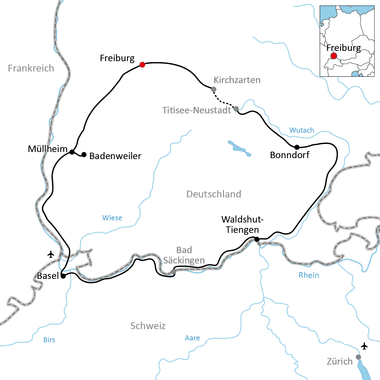 Rundweg-Karte durch Süddeutschland und die Schweiz, die Freiburg, Müllheim, Basel, Waldshut-Tiengen und Bonndorf verbindet.