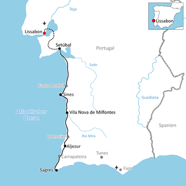 Karte mit Radroute entlang Portugals Atlantikküste von Lissabon nach Sagres über Setúbal, Sines, Vila Nova de Milfontes und Aljezur.