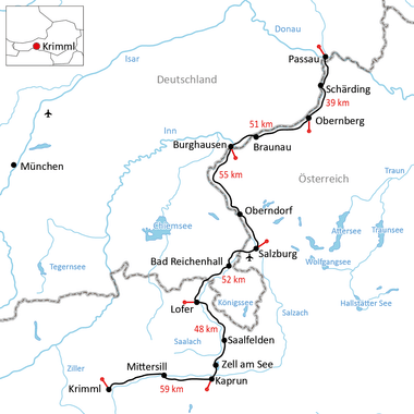 Karte des Tauern Radwegs von Krimml bis Passau durch Österreich und Deutschland mit Entfernungsangaben zwischen den Orten entlang der Flüsse.