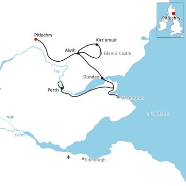 Karte mit Radroute durch Schottland von Pitlochry über Alyth, Kirriemuir, Dundee nach Perth entlang des Tay und der Nordseeküste.