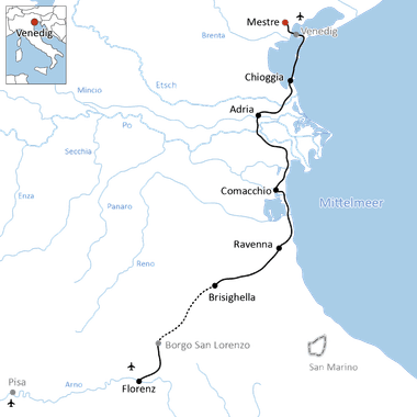 Karte mit Radroute entlang Italiens Adriaküste von Venedig über Mestre, Chioggia, Adria, Comacchio, Ravenna nach Florenz via Brisighella.