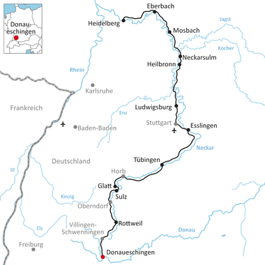 Karte des Neckar-Radwegs durch Baden-Württemberg, beginnend in Donaueschingen und verlaufend durch Städte wie Rottweil, Tübingen, Esslingen, Stuttgart, Ludwigsburg, Heilbronn, Mosbach, Heidelberg und Eberbach.