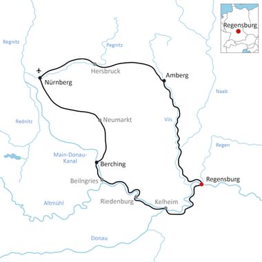 Karte mit Radweg von Regensburg nach Nürnberg über Kelheim, Berching, Neumarkt, Hersbruck und Amberg mit Flüssen und regionaler Übersicht.