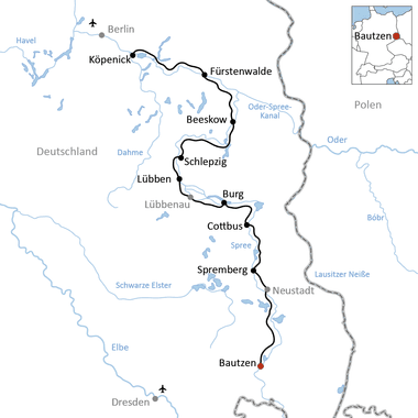 Karte mit Radweg von Bautzen nach Berlin über Spremberg, Cottbus, Lübben, Schlepzig, Beeskow und Fürstenwalde durch Brandenburg.