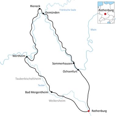 Karte mit Radweg von Rothenburg über Ochsenfurt, Sommerhausen, Wertheim, Bad Mergentheim bis Gemünden entlang Main und Tauber.