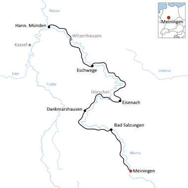 Karte mit Radweg von Meiningen nach Hann. Münden entlang der Flüsse Werra und Fulda durch Bad Salzungen, Eisenach und Kassel.