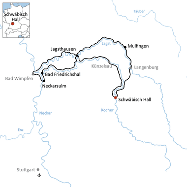 Karte mit Radrundweg durch Schwäbisch Hall, Mulfingen, Jagsthausen, Bad Friedrichshall und Neckarsulm entlang Jagst und Kocher.