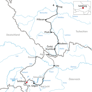 Karte mit Radweg von Prag über Příbram, Písek, Budweis und Linz nach Salzburg durch Tschechien und Österreich.