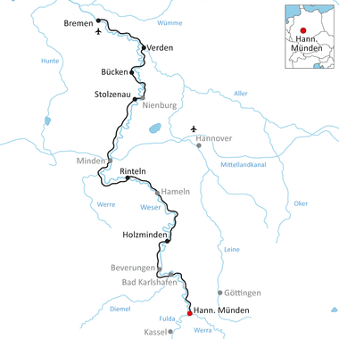 Karte des Weser-Radwegs von Bremen nach Hannover Münden über Verden, Bücken, Stolzenau, Minden, Rinteln, Hameln und Holzminden.