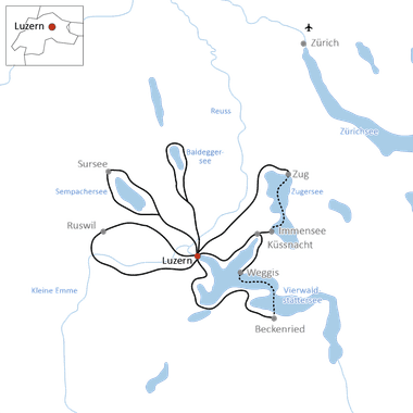 Karte mit Radwegen von Luzern zu umliegenden Seen wie Zugersee, Vierwaldstättersee und Sempachersee. Zürich ist nordöstlich markiert.