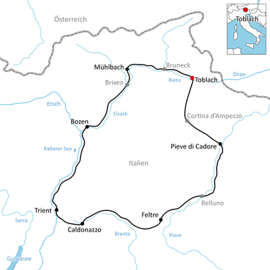 Karte mit Radroute von Toblach über Bozen, Trient, Caldonazzo, Feltre, Pieve di Cadore zurück nach Toblach durch Österreich und Italien.