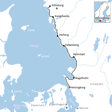 Karte mit Radroute entlang der schwedischen Westküste von Göteborg nach Helsingborg über Kungsbacka, Varberg, Falkenberg, Halmstad und Ängelholm.