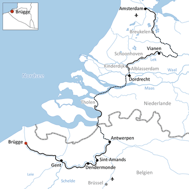Karte mit Radweg von Amsterdam durch die Niederlande nach Brügge, Belgien über Dordrecht, Antwerpen, Gent und andere Städte entlang der Nordseeküste.