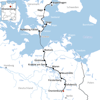 Karte mit Radweg von Kopenhagen durch Dänemark und Deutschland nach Oranienburg über Städte wie Nykøbing Falster, Rostock und Güstrow.