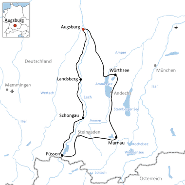 Karte mit Radroute von Augsburg über Landsberg, Schongau nach Murnau in Bayern. Die schwarze Linie markiert den Routenverlauf.