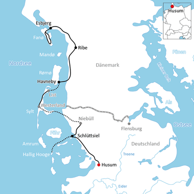Karte mit Radroute entlang der dänischen Nordseeküste von Esbjerg über Ribe, Havneby, List, Westerland, Schlüttsiel nach Husum mit Fährverbindungen.