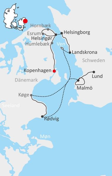 Karte mit Radroute durch Dänemark und Schweden, die Städte wie Kopenhagen, Helsingør, Malmö, Lund und Landskrona mit Fährverbindungen verbindet.