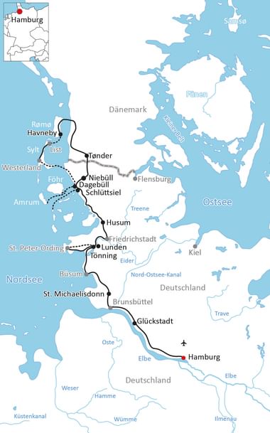 Karte mit Radweg von Hamburg durch Norddeutschland und Dänemark zu den Nordfriesischen Inseln, vorbei an Orten wie Glückstadt, Husum und Tønder.