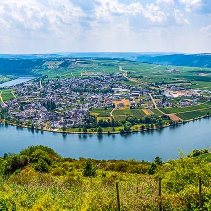 Luftaufnahme der Mosel, die eine Hufeisenschleife um eine Stadt bildet, umgeben von terrassierten Weinbergen an Hängen unter blauem Himmel.
